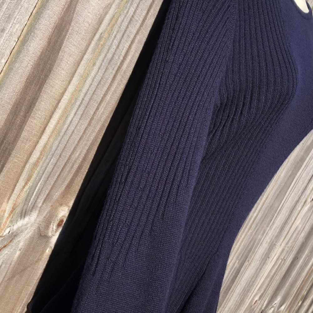 Magaschoni Medium Wool Sweater Pullover Top Peplum Navy Blue Ribbed Long Sleeve - Picture 5 of 7